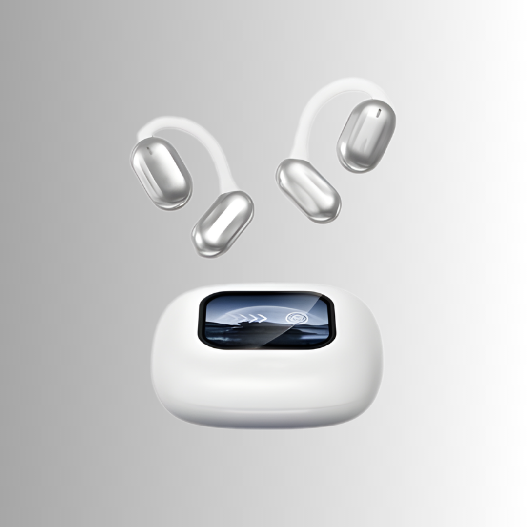 Person der bruger AI smart høretelefoner til realtidsoversættelse under en samtale. Perfekt rejsegadget.