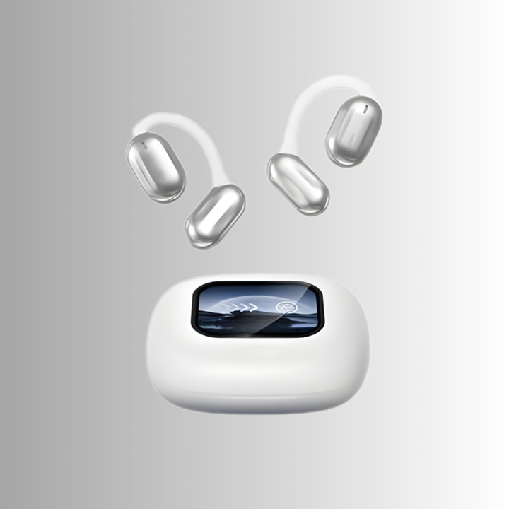 Person der bruger AI smart høretelefoner til realtidsoversættelse under en samtale. Perfekt rejsegadget.