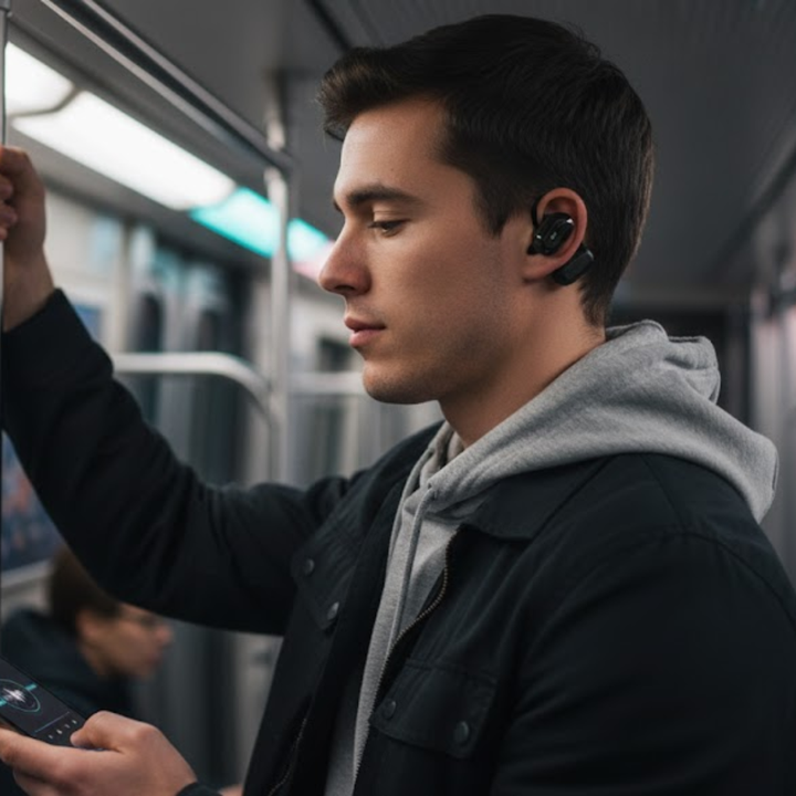 En rejsende med AI oversætter høretelefoner i en travl lufthavn, der kommunikerer på tværs af sprog.