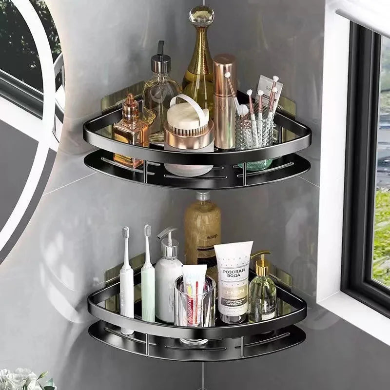 Aluminium badeværelseshylde til hjørner, sort, uden boring, robust, monterbar med klæbestrimler, stilfuld opbevaringsløsning.