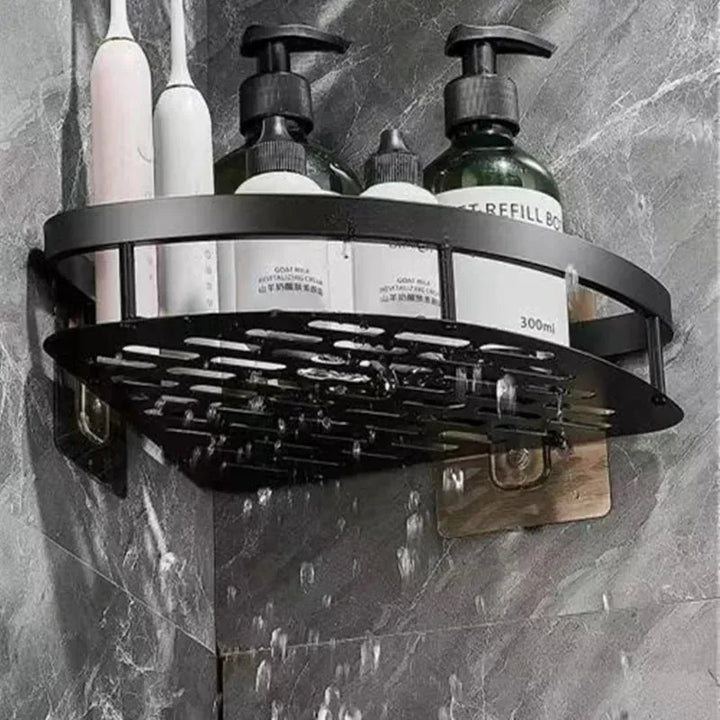 Aluminium badeværelseshylde til hjørner, sort, uden boring, robust, monterbar med klæbestrimler, stilfuld opbevaringsløsning.