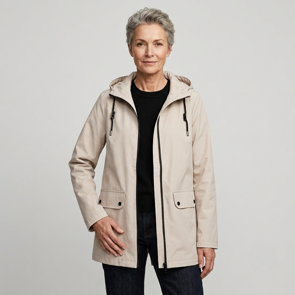 Damejakke med hætte og stilfuldt lag-på-lag design. Moderne overtøj, perfekt til modebevidste kvinder.