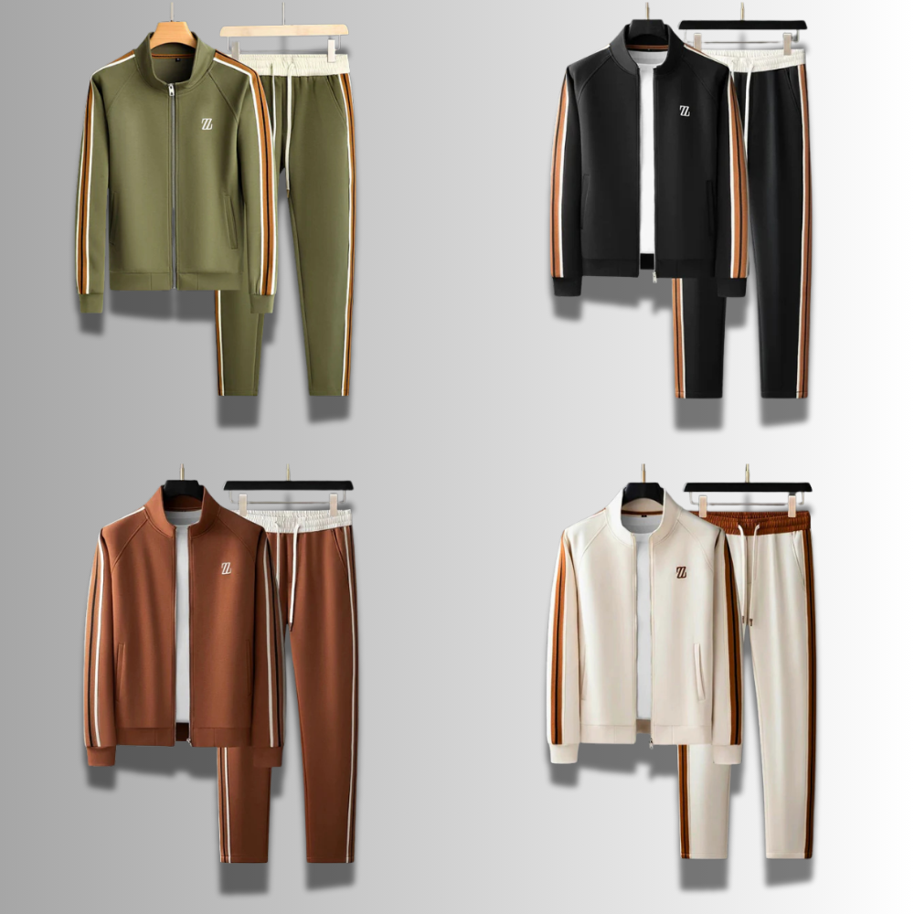 Herre joggingdragt, åndbar og moderne, med hætte og elastisk talje for optimal komfort.