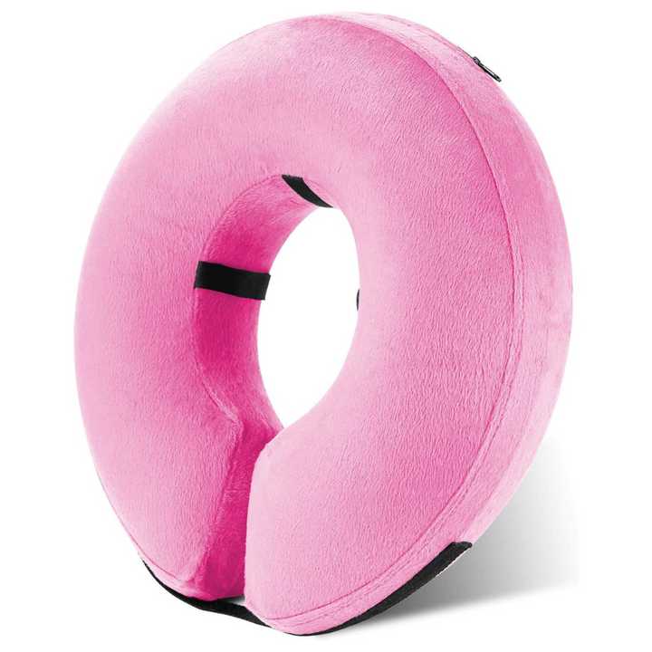 Sidevisning af en blå, oppustelig hundehalskrave i doughnut-form.