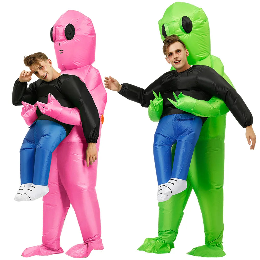 Oppusteligt grønt rumvæsenkostume til børn og voksne, humoristisk design til fester, let og hurtigt at puste op.