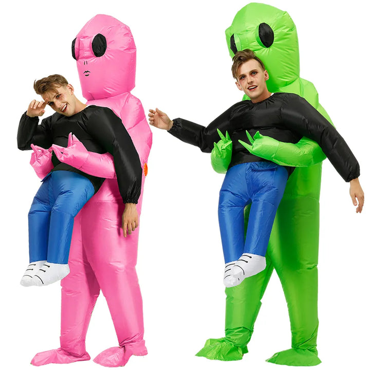 Oppusteligt grønt rumvæsenkostume til børn og voksne, humoristisk design til fester, let og hurtigt at puste op.