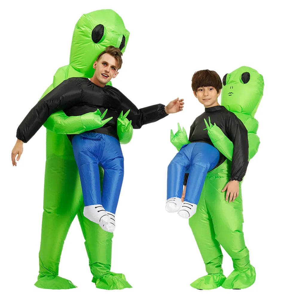 Oppusteligt grønt rumvæsenkostume til børn og voksne, humoristisk design til fester, let og hurtigt at puste op.