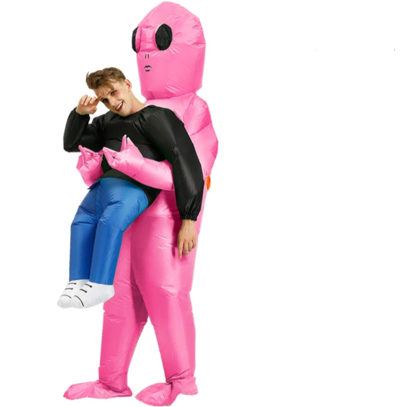 Oppusteligt grønt rumvæsenkostume til børn og voksne, humoristisk design til fester, let og hurtigt at puste op.