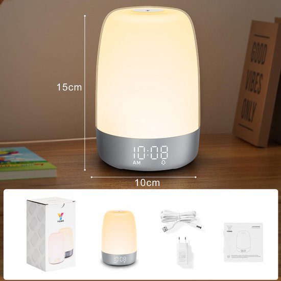 Aurora Vågningslys simulerer solopgang med LED-display og naturlyde for en afslappet morgenrutine.