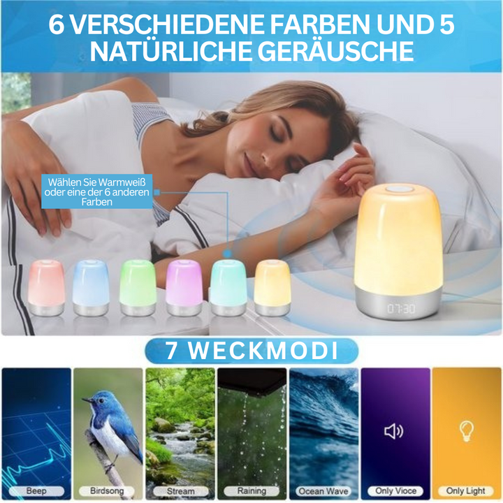 Aurora Vågningslys simulerer solopgang med LED-display og naturlyde for en afslappet morgenrutine.