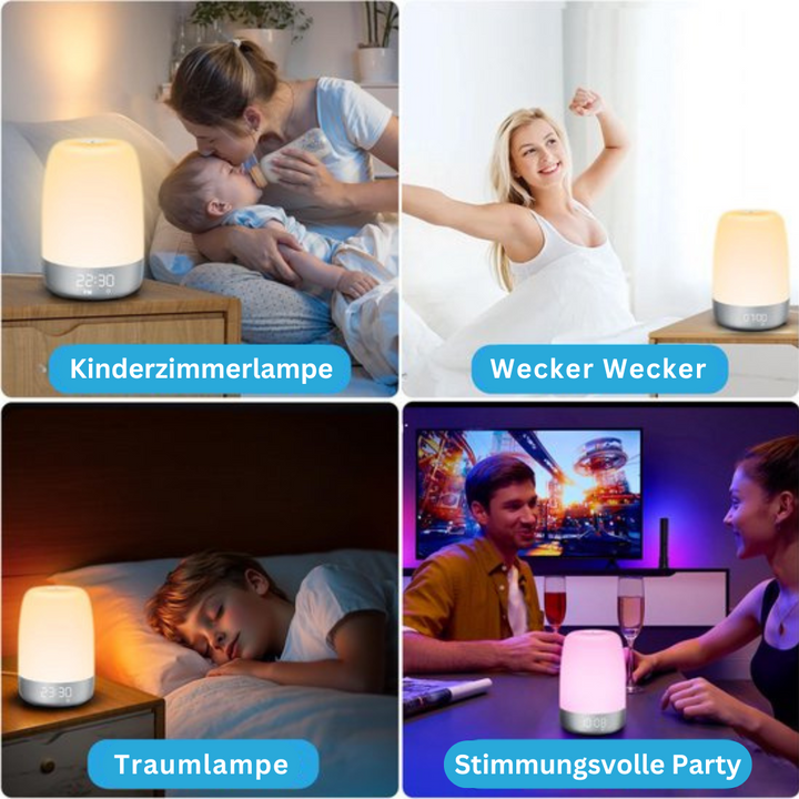 Aurora Vågningslys simulerer solopgang med LED-display og naturlyde for en afslappet morgenrutine.