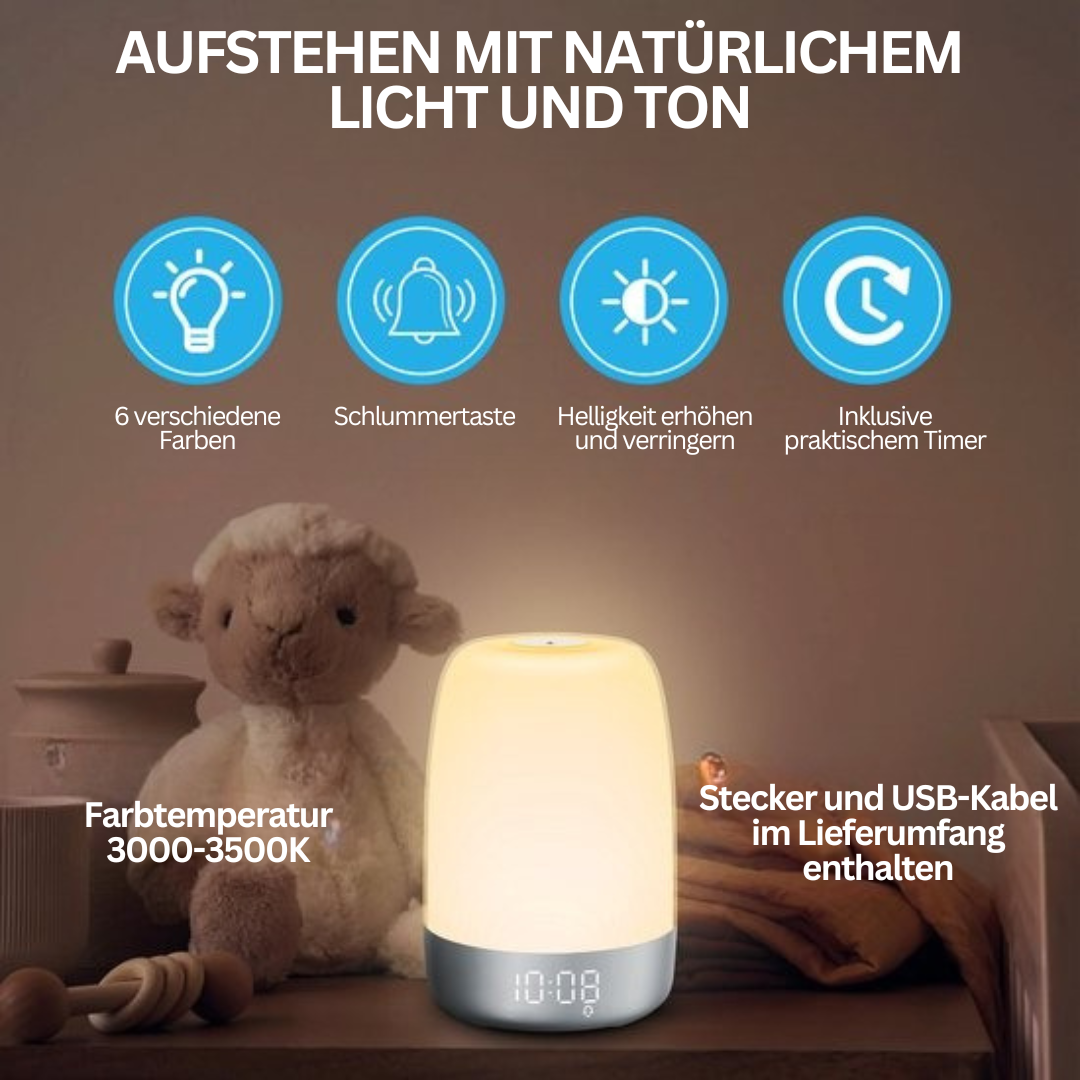 Aurora Vågningslys simulerer solopgang med LED-display og naturlyde for en afslappet morgenrutine.