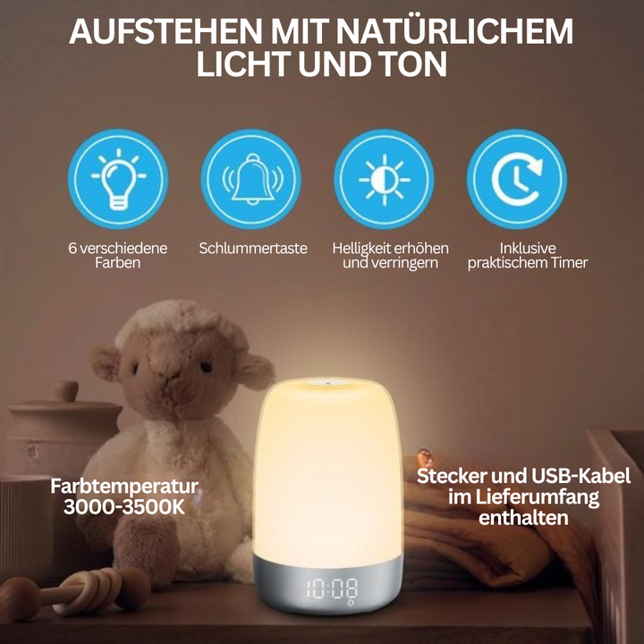 Aurora Vågningslys simulerer solopgang med LED-display og naturlyde for en afslappet morgenrutine.