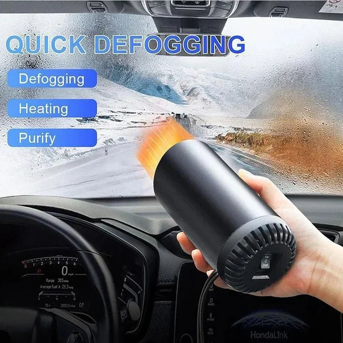 Detaljebillede af 12V bilvarmer, viser kontrol for hurtig opvarmning og afdugning. Essentielt vintertilbehør.