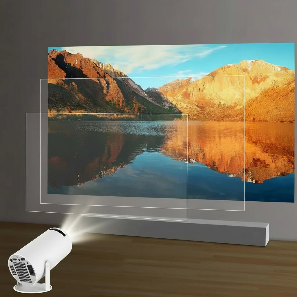 Kompakt 4K smart projektor viser film på stor skærm, ideel til hjemmebiograf og gaming-oplevelser.