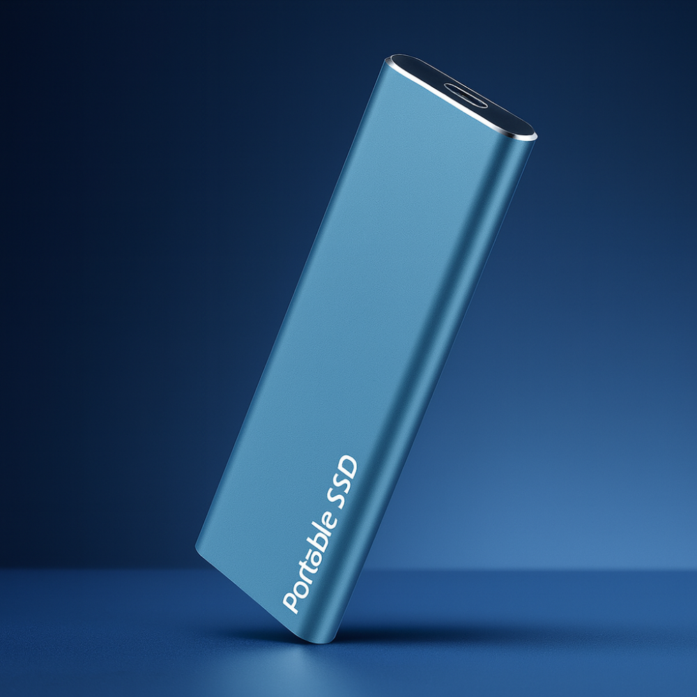 Bærbar ekstern SSD harddisk med lynhurtig dataoverførsel via USB-C. Ideel til digital backup og lagring.