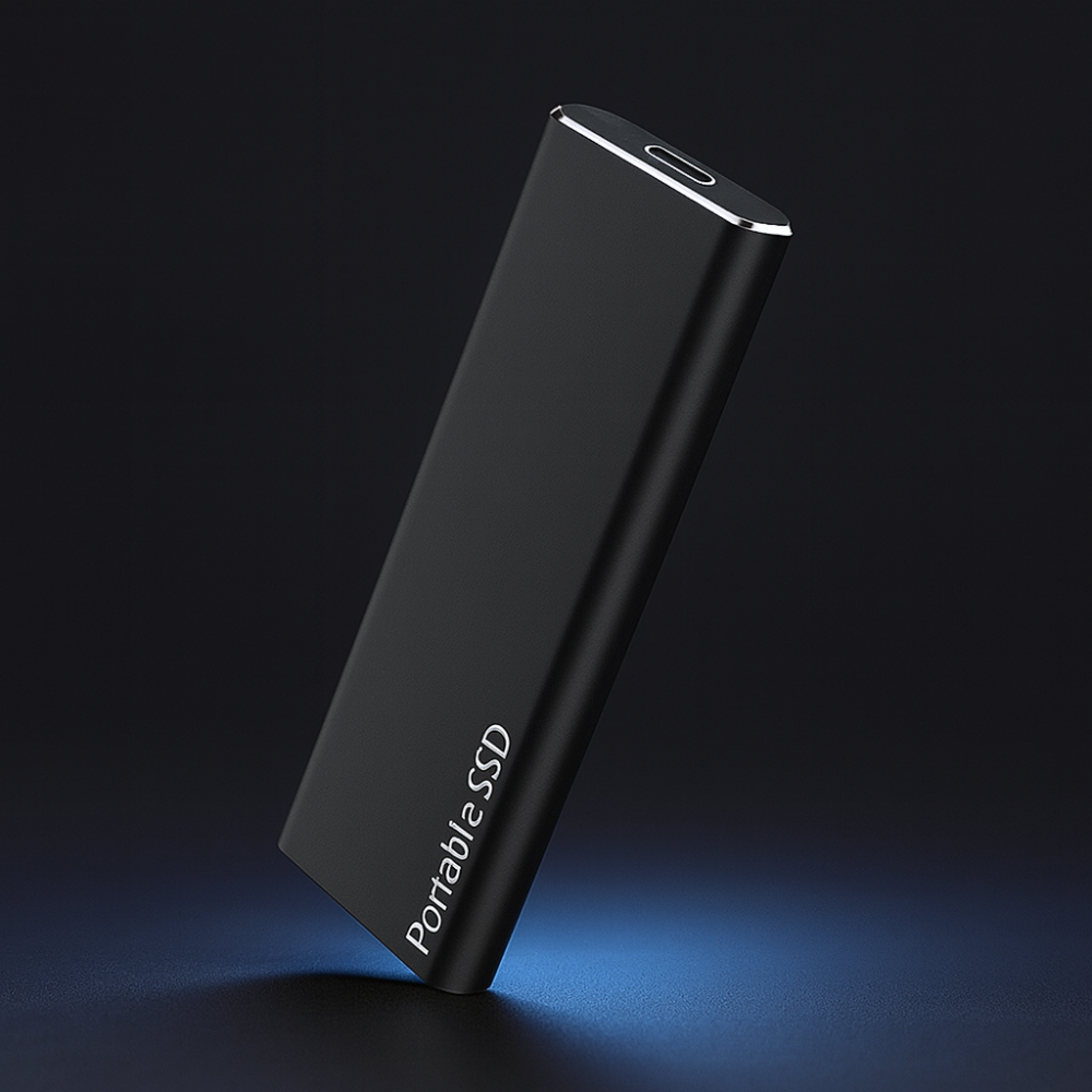 Kompakt USB-C bærbar SSD harddisk for hurtig digital lagring af store filer og backup.