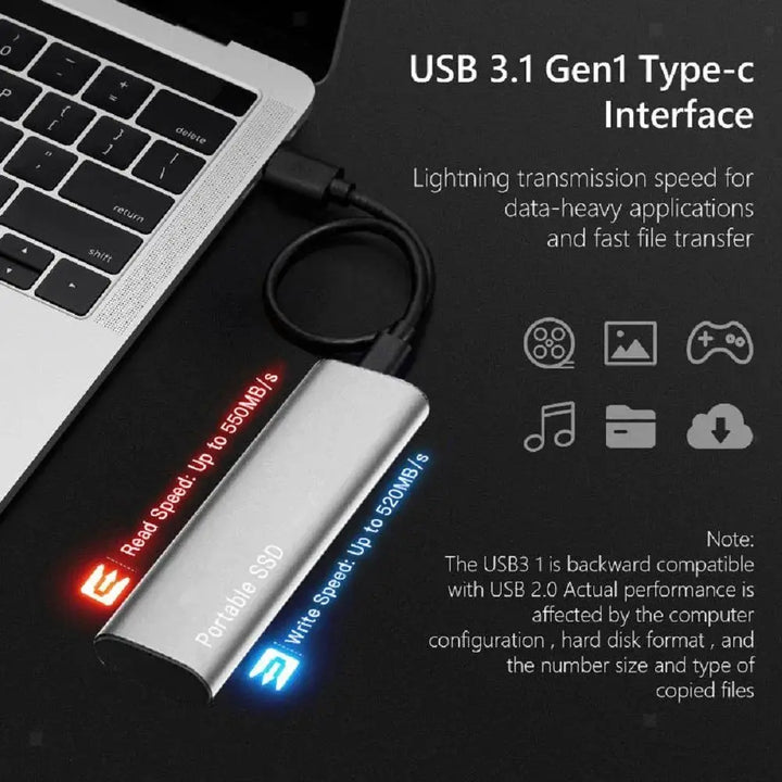 Slank bærbar aluminium SSD med lynhurtig USB-C dataoverførsel for effektiv digital lagring.