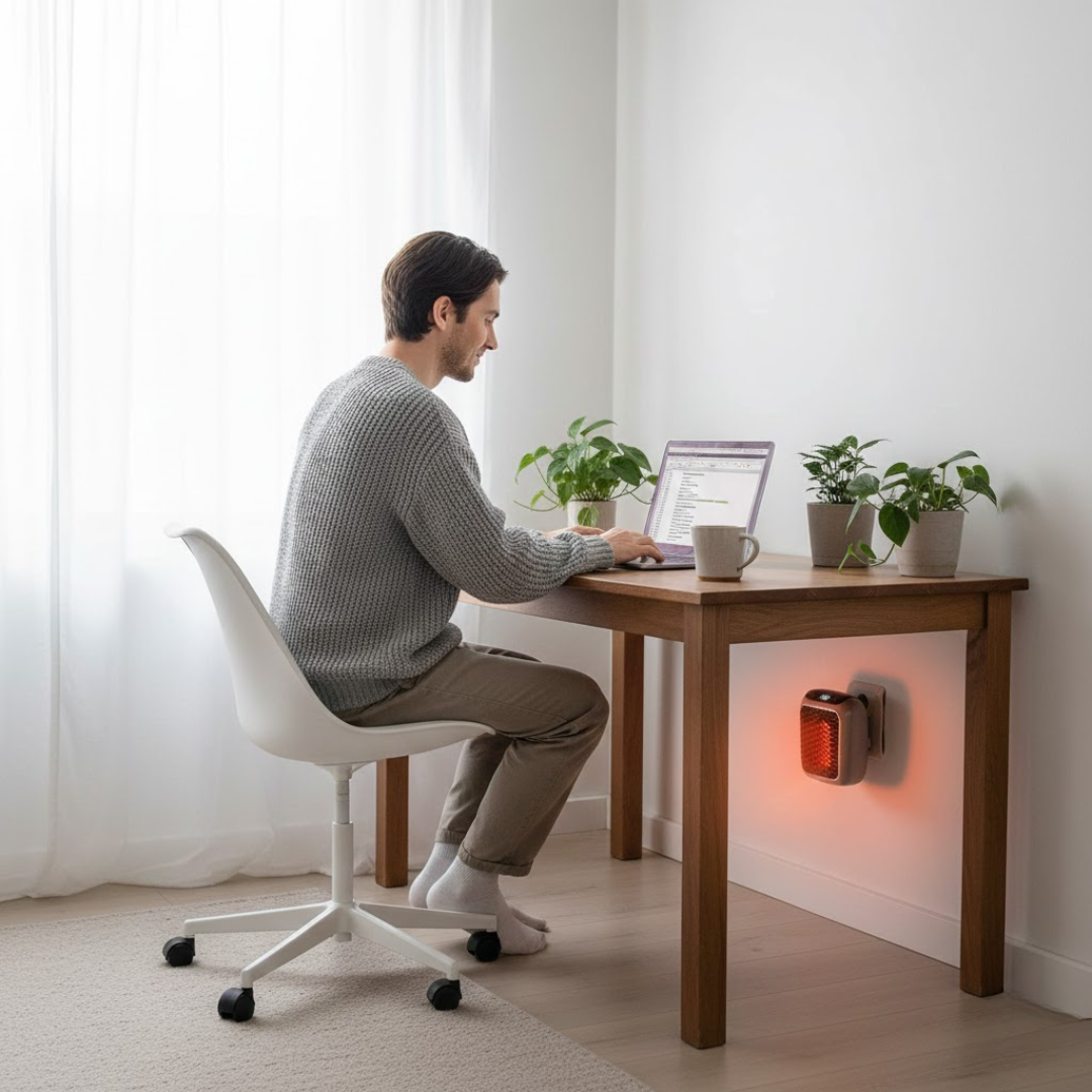 Kompakt varmeblæser til kontor og hjem. Energieffektiv rumvarmer med lavt energiforbrug og effektiv opvarmning.