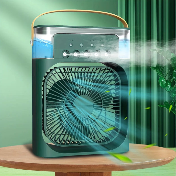 Bærbar køleventilator med is-køling i hvid. Giver friskhed og afkøling til hjem, kontor eller rejse.