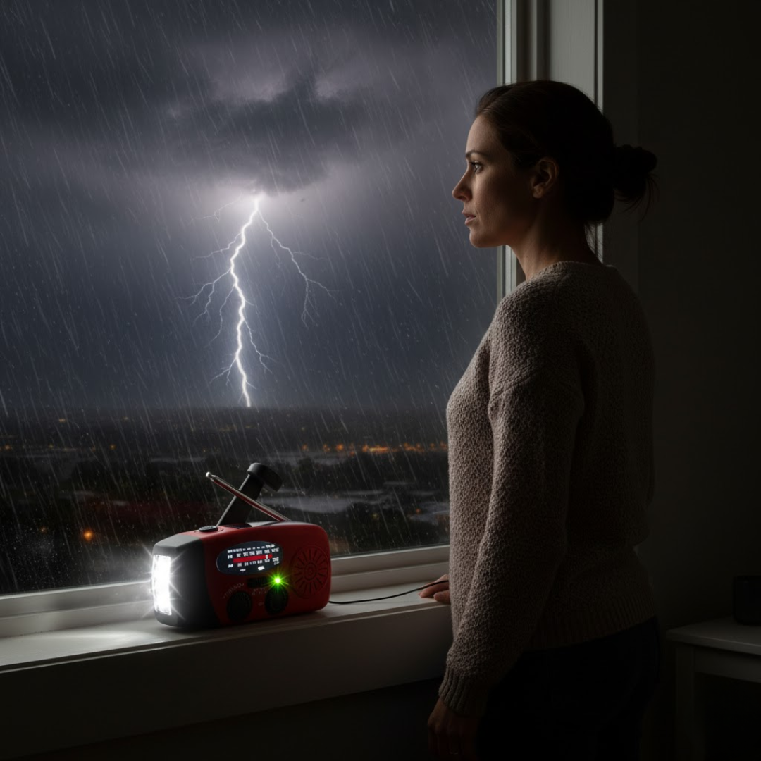 Multifunktionel nødradio: vejrradio, lommelygte, powerbank, håndsving & solpanel.