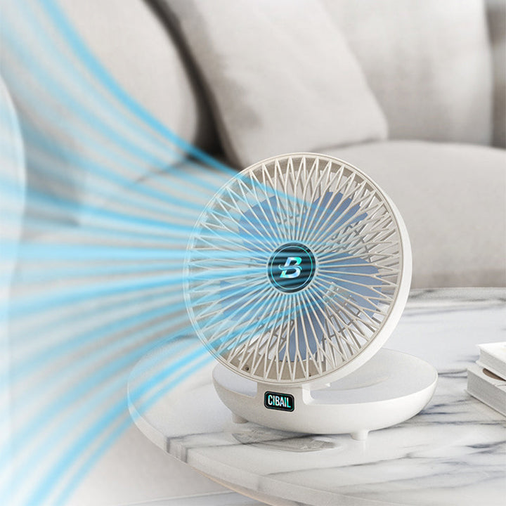 Lille, smart ventilator med lang batteritid; perfekt til skrivebord eller natbord.