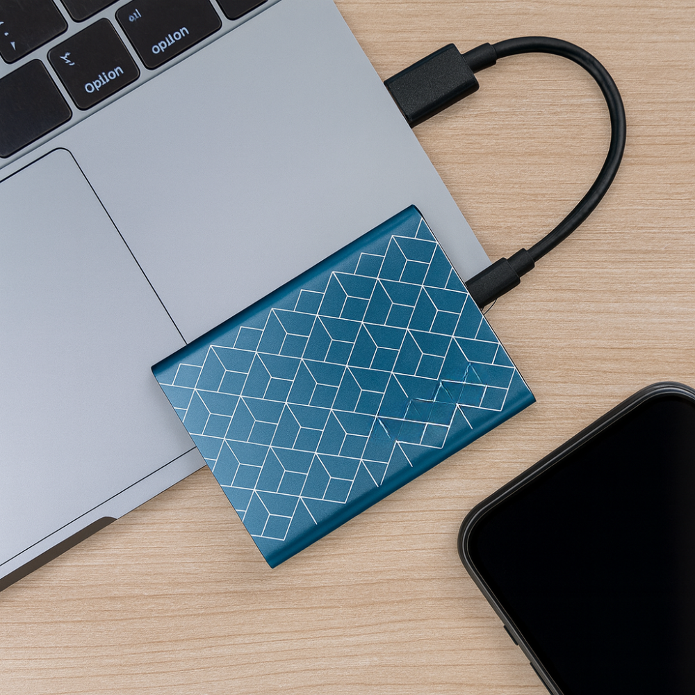 Hurtig ekstern SSD med USB-C forbindelse, sikrer lynhurtig dataoverførsel til PC og Mac.