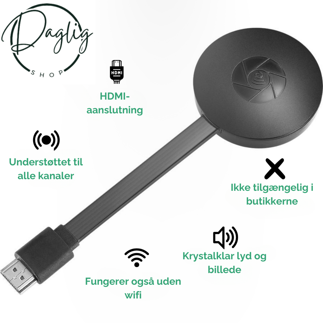 Kompakt trådløs medieafspiller til TV. Stream indhold via Bluetooth, ingen Wi-Fi nødvendig. Nem at tage med.