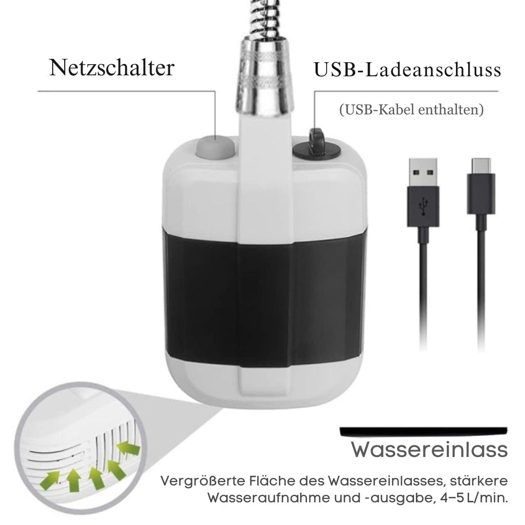 Essential udendørs bruser til camping, rejser, strand og bilvask. USB-opladelig og letvægt.