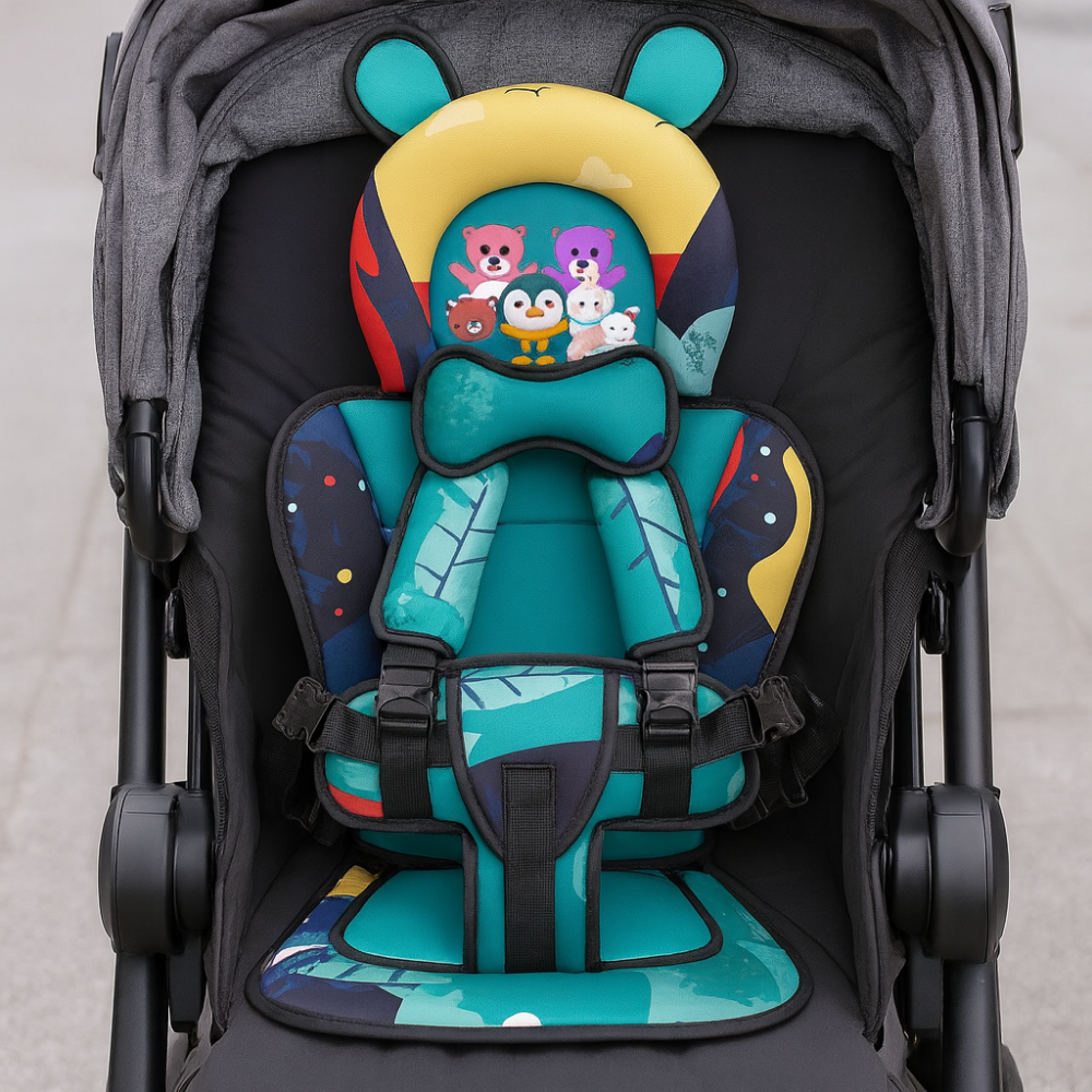 Fleksibel babystol der fungerer som spisesæde og legestol, ideel for aktive familier på farten.