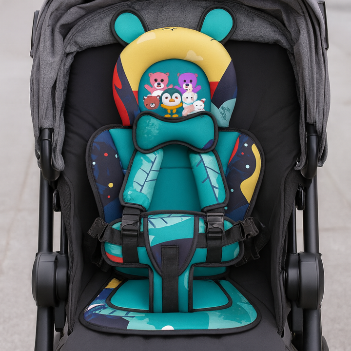 Fleksibel babystol der fungerer som spisesæde og legestol, ideel for aktive familier på farten.