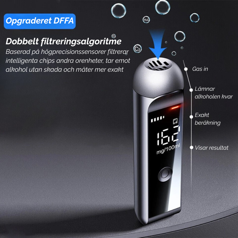 Kompakt sort-grønt digitalt alkometer. Nem og bærbar alkoholmåler til test af promille før kørsel.