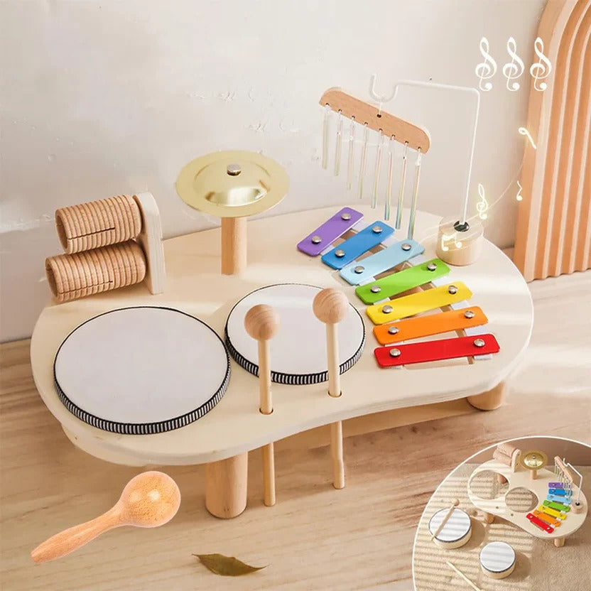 Børne Montessori trommesæt i træ til småbørn, der fremmer rytme og tidlig læring.
