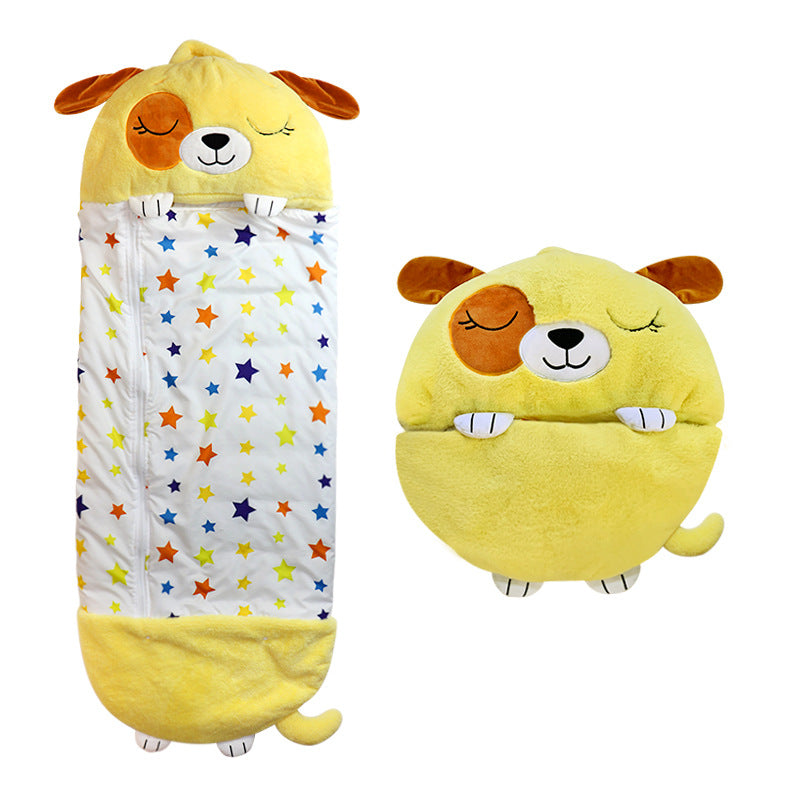 Blød plys sovepose til børn med integreret krammebamse, der giver varme og tryghed.