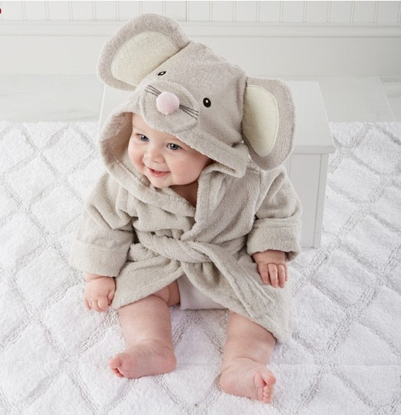 Blød bomuldsbadekåbe til baby og småbørn med sød dyrehætte. Ideel til efter badetid eller svømmetur.