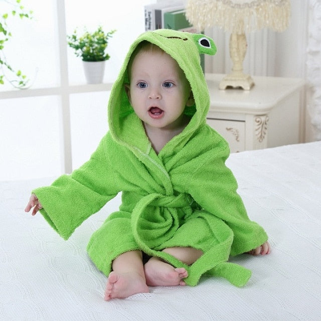 Blød bomuldsbadekåbe til baby og småbørn med sjov dyrehætte. Perfekt til hygge efter bade.