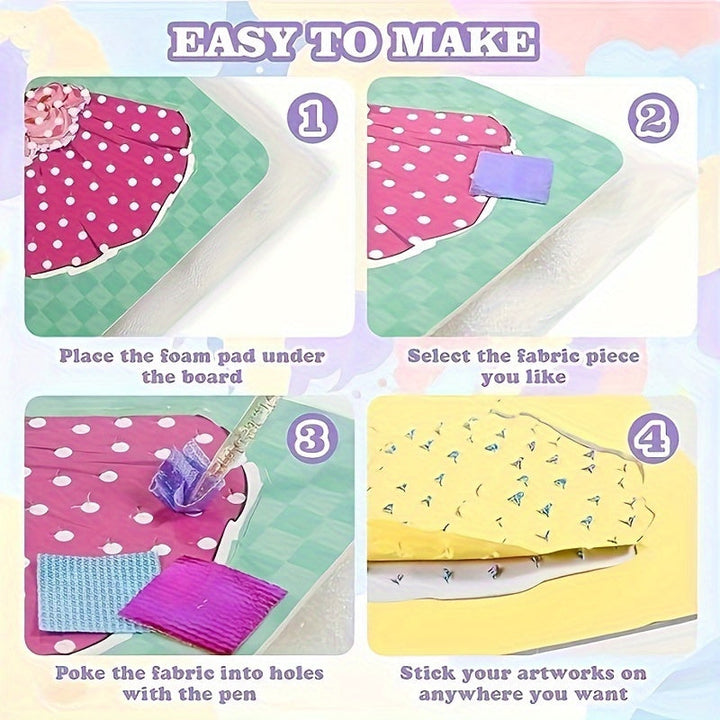 Visning af alle 12 unikke designs til børns kreative stofplader, inspirerende til DIY børnekunst.
