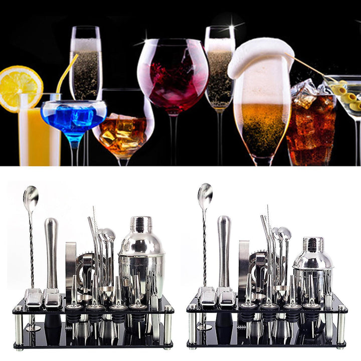 Praktisk og elegant bartender-sæt med 23 essentielle redskaber i rustfrit stål, inklusive shaker, og en smart bambusstander.