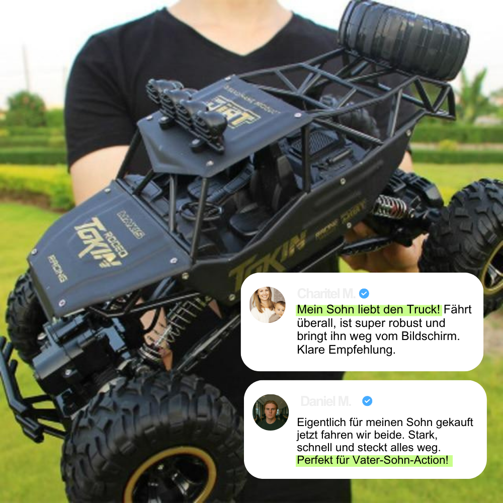 BeastTrek X4 RC monstertruck med robust design, 4x4-drev og store gummidæk til offroad-eventyr.