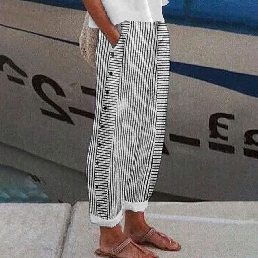 Behagelige stribede sommerbukser til damer. Perfekte til afslappet og chic sommerstil.