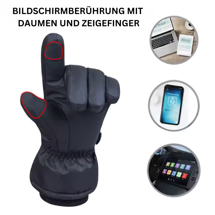Opvarmede vinterhandsker i brug, touchscreen-kompatible, sorte, vind- og vandtætte, ideelle til udendørs vinteraktiviteter.