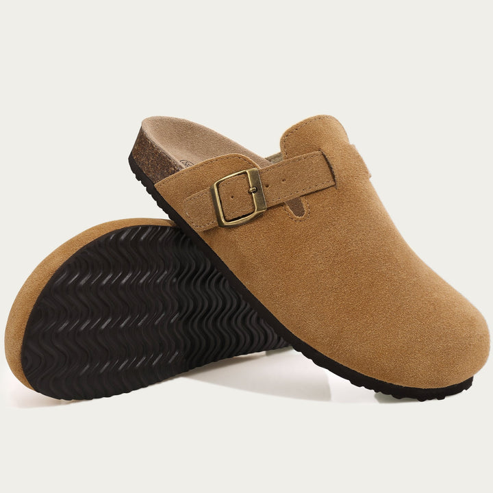 Beige dameclogs med ergonomisk komfort og åben tå, ideel som behagelig hverdagssko.