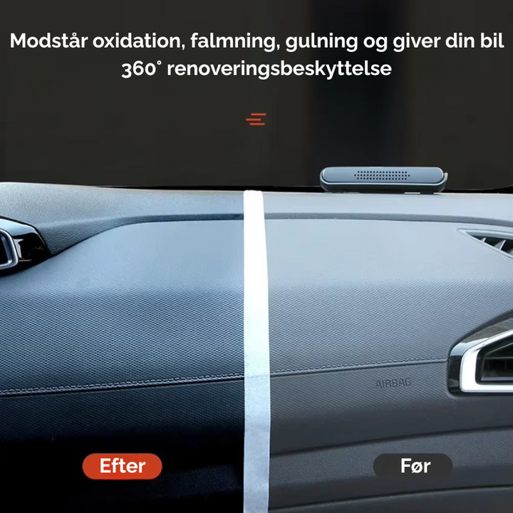 Før/efter: Bilens interiørplastik er nu rent og fornyet med plastpleje for en frisk finish.
