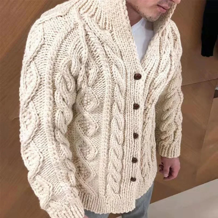 Stilfuld cardigan til mænd. Elegant overtøj med stående krave, ideel til efterår og vinter herremode.