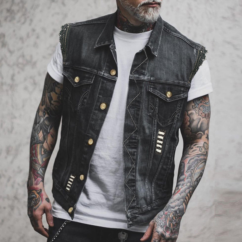 Hellblå vintage denimvest til mænd. Afslappet stil for moderne komfort og klassisk herremode.