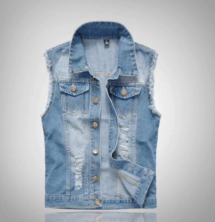 Herre i en stilfuld blå denimvest. Perfekt til lag-på-lag, afslappet fritid og alsidig herremode.
