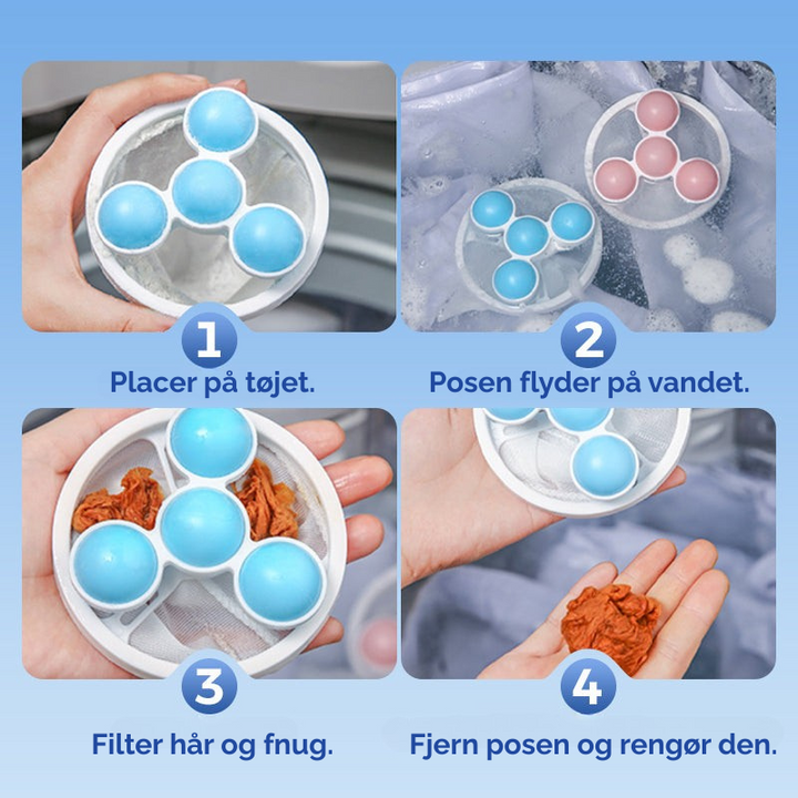 Lilla genanvendelig fnugfanger, der holder vaskemaskinen ren og tøjet fnugfrit. Optimal husholdningsrengøring.