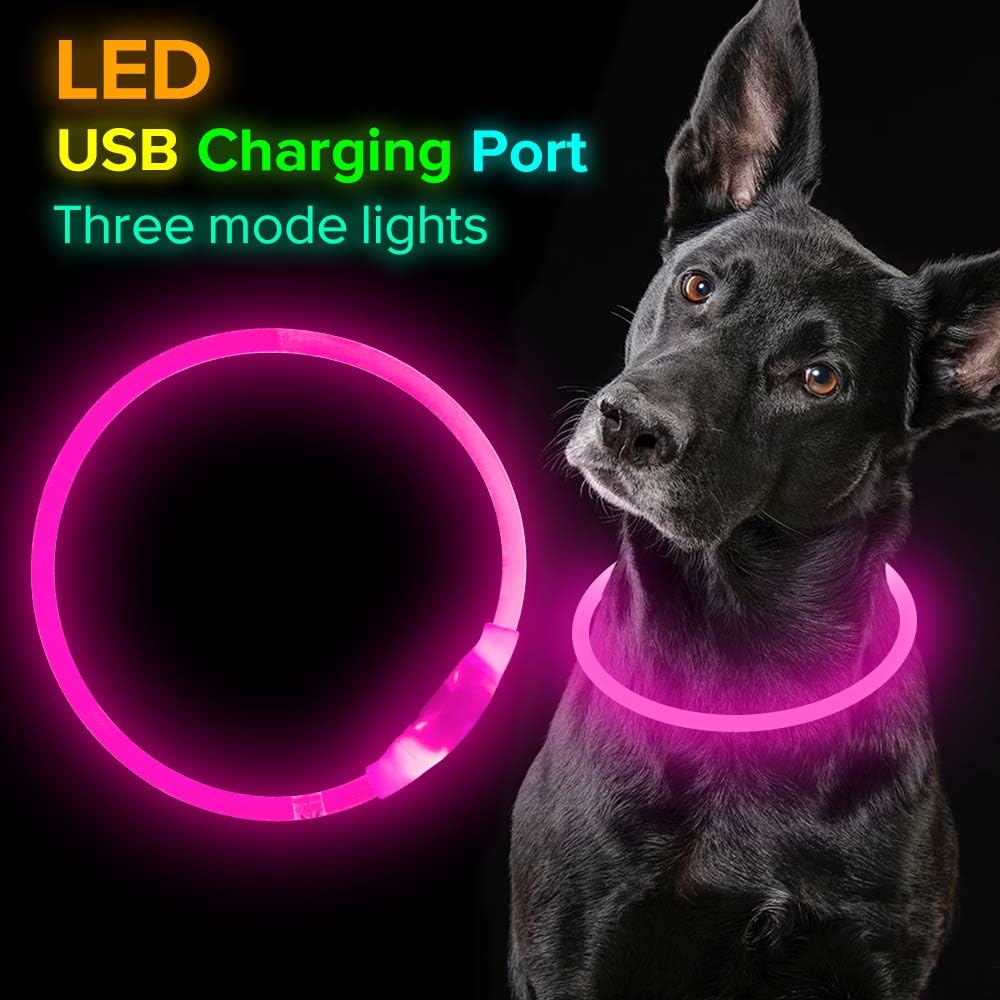 Halsbånd til hunde med LED-lys, blåt, genopladeligt via USB, for sikre natlige gåture, justerbart og vejrbestandigt.