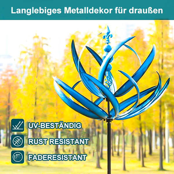 Blåt metalvindspil med robust design til haven, elegant dekoration til udendørs områder.