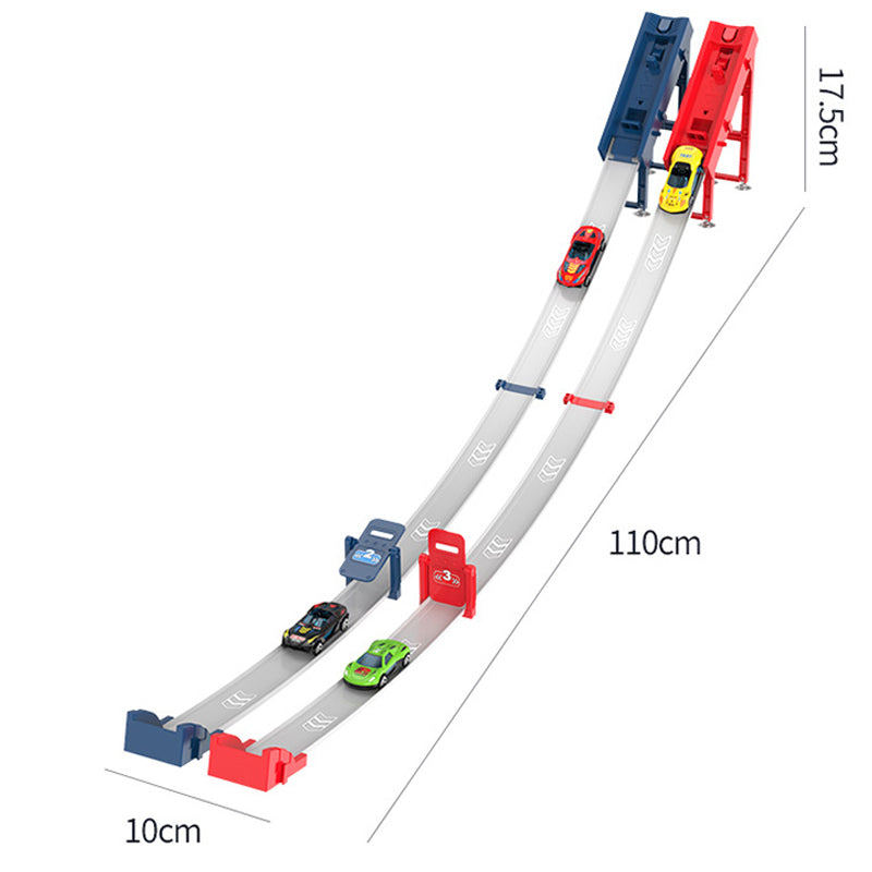 Børn leger med BlazeSprint racerbane, fjernstyrede racerbiler suser rundt på banen med spænding og glæde.